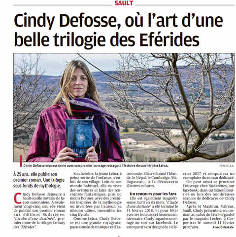Cindy Defosse sur le journal pour son livre Les éférides
