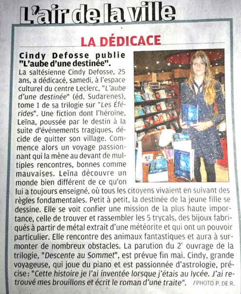 Cindy Defosse sur le journal pour son livre Les éférides