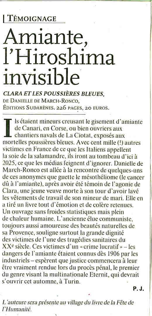  l'Humanitè parle de Clara de Danielle de March-Ronco