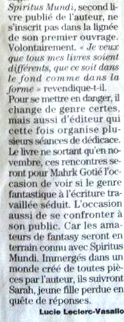 Article journal sur Mahrk Gotiè pour son livre Siritus Mundi 18-08-2017