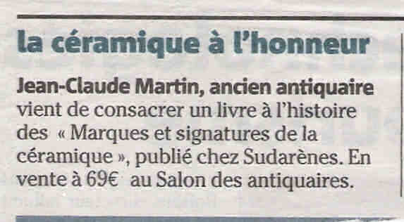 Article dans le journal Var matin sur le livre Marques et signatures de la céramique d'art de la Côte d'Azur